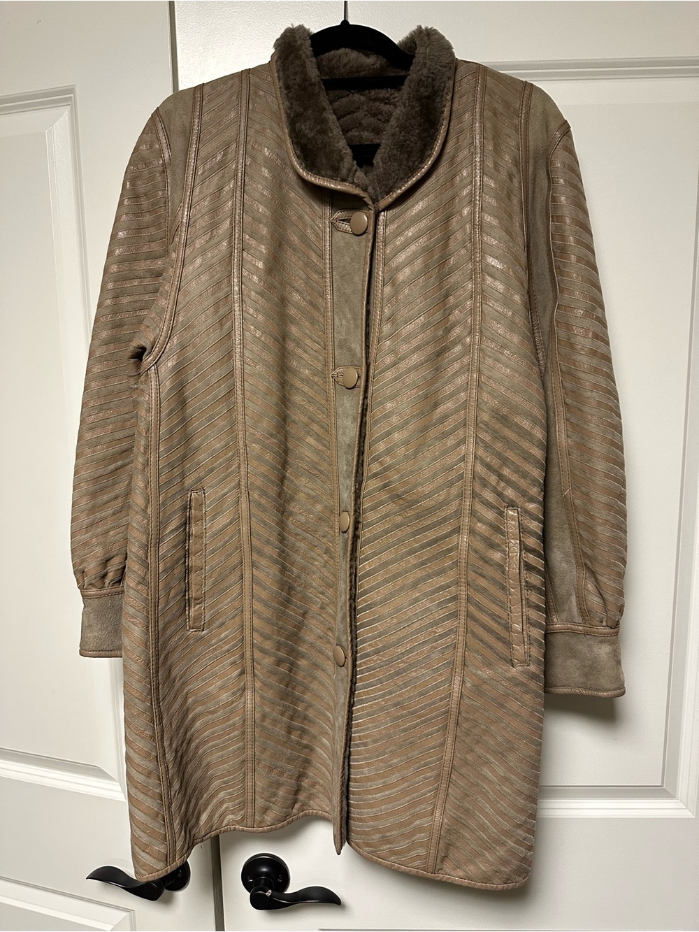 Women's Taupe Shearling-Trim Long Coat